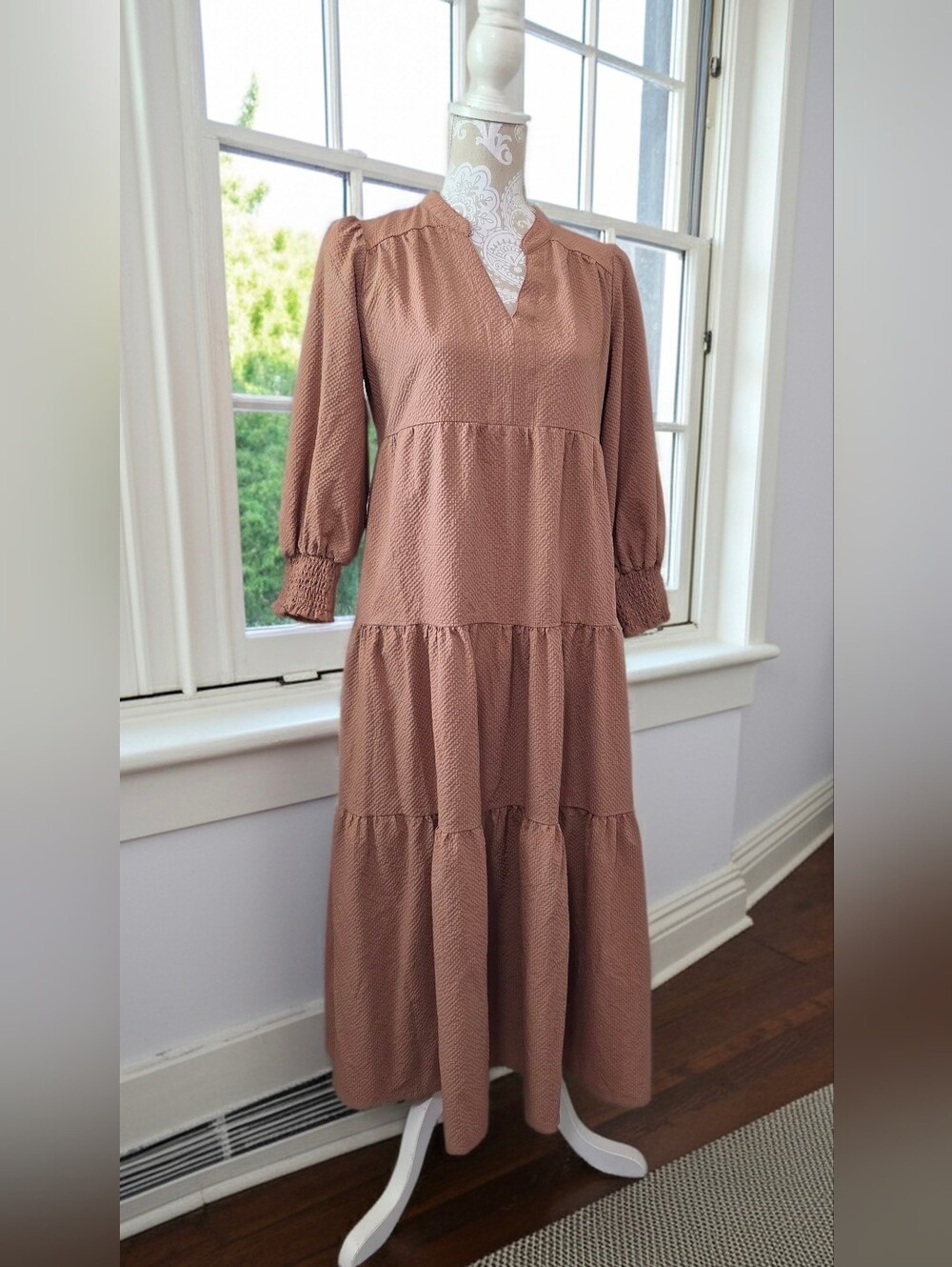 Umgee Chocolate Tiered Midi Dress With Smocked Cuffs Size S